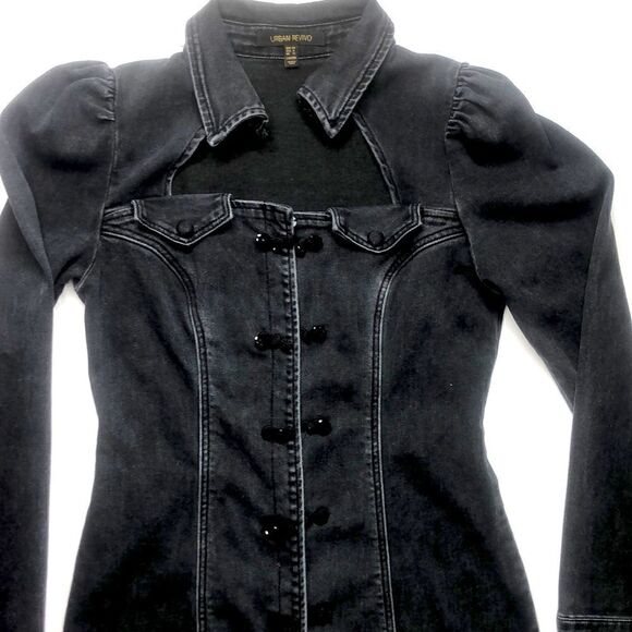 Urban Revivo Black Denim Long Jacket | Button Front | Size M (US 8) - Picture 4 of 15